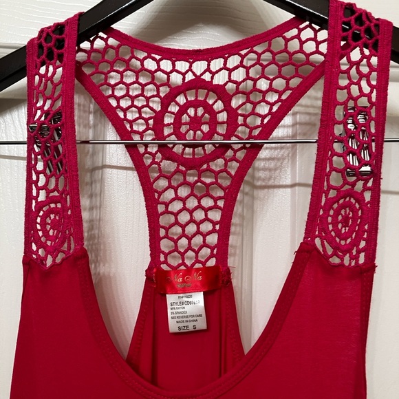 NWOT Na Na Solid Red Sleeveless LACE Racerback Sheer Floor length Maxi Dress SM - Picture 2 of 6